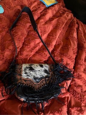 Fringed Crossbody Bag with Cowhide Accent - Black and Brown